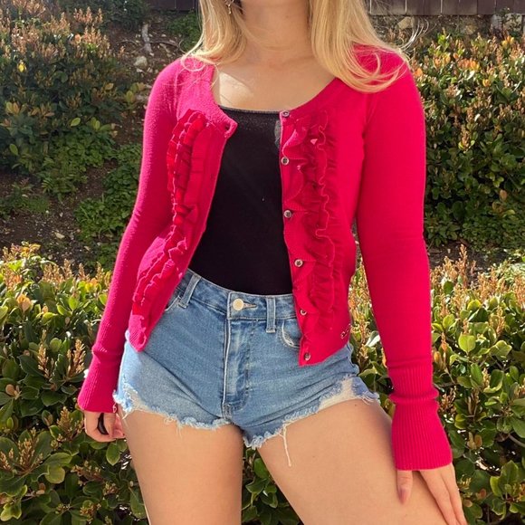 Hot Pink Ruffle front cardigan by Hollister - Picture 1 of 4
